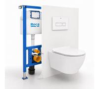 Pack WC suspendu complet avec bâti-support Roca, cuvette sans bride, abattant SoftClose, plaque blanche (ROCEWT01-FR)