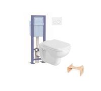 Pack WC suspendu D-Code + abattant + bâti-support autoportant + plaque blanche + tabouret physiologique