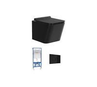 Pack WC suspendu en céramique noir mat avec option bâti-support et plaque de déclenchement ronde - CLEMONA