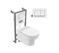 Pack WC suspendu sans bride à économie d'eau Cléo 1889 + abattant + bâti-support + plaque rectangle blanche