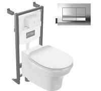 Pack WC suspendu sans bride à économie d'eau JACOB DELAFON Cléo 1889 + abattant + bâti-support + plaque rectangle chromé