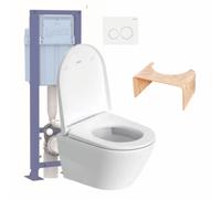 Pack WC suspendu sans bride compact DURAVIT D-NEO + abattant frein de chute + bâti-support SIAMP + plaque blanche + tabouret bois