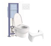 Pack WC suspendu sans bride compact DURAVIT No.1 + abattant + bâti-support autoportant + plaque blanche + tabouret physiologique