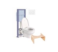 Pack WC suspendu sans bride compact No.1 + abattant + bâti-support autoportant + plaque blanche + tabouret physiologique