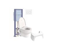 Pack WC suspendu sans bride compact No.1 + abattant + bâti-support autoportant + plaque blanche + tabouret physiologique