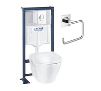 Pack WC suspendu sans bride GROHE + Abattant frein de chute + Bâti-support autoportant + Plaque chromée + Dérouleur