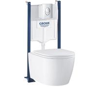Pack WC suspendu sans bride GROHE Start Round Ceramic + abattant frein de chute + Bâti-support mur + Plaque chromé