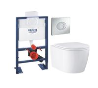 Pack WC suspendu sans bride GROHE Start Round Ceramic + Bati support hauteur réduite universel mur-sol + Plaque carré chromé