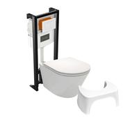 Pack WC suspendu sans bride JACOB DELAFON Rodin+ avec abattant + bâti support + plaque blanche + tabouret blanc
