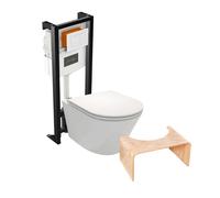 Pack WC suspendu sans bride JACOB DELAFON Rodin+ avec abattant + bâti support + plaque blanche + tabouret bois
