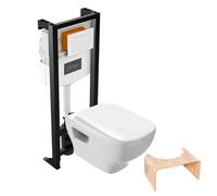 Pack WC suspendu sans bride JACOB DELAFON Struktura + abattant + bâti-support autoportant + plaque blanche + tabouret bois