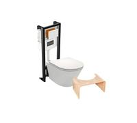 Pack WC suspendu sans bride Rodin+ avec abattant + bâti support + plaque blanche + tabouret bois