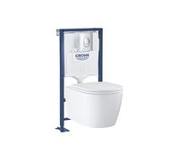 Pack WC suspendu sans bride Start Round Ceramic + Abattant frein de chute + Bâti support autoportant + Plaque de commande chromé