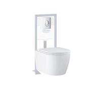 Pack WC suspendu sans bride Start Round Ceramic + Abattant frein de chute + Bati support autoportant + Plaque carré chromé