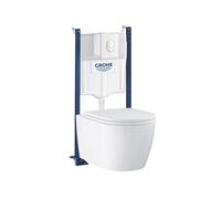Pack WC suspendu sans bride Start Round Ceramic + abattant frein de chute + Bâti-support mur + Plaque blanc alpin