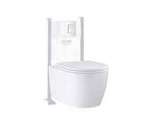 Pack WC suspendu sans bride Start Round Ceramic + Abattant frein de chute + Bati support mur + Plaque carré blanc alpin