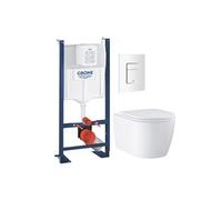 Pack WC suspendu sans bride Start Round Ceramic + Abattant frein de chute + Bati support mur + Plaque carré blanc alpin