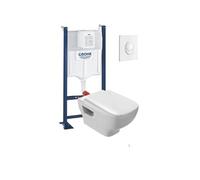 Pack WC suspendu sans bride Struktura + abattant + bâti-support mur GROHE + plaque Start blanc