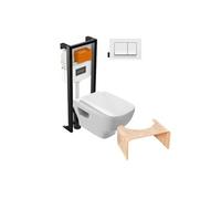 Pack WC suspendu sans bride Struktur bâti-support + plaque blanc + tabouret bois