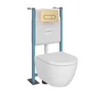 Pack WC suspendu sans bride VitrA M60 VortexFlush Round + abattant frein de chute + Bâti support autoportant + Plaque Or brossé