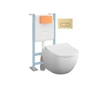 Pack WC suspendu Sento blanc mat + bâti autoportant V-Fix Core + Plaque Round or brossé