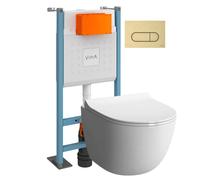 Pack WC suspendu VitrA Sento blanc brillant + bâti autoportant V-Fix Core + Plaque Round or brossé