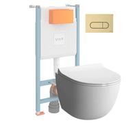 Pack WC suspendu VitrA Sento Blanc Compact + Bâti auto-portant V-Fix Core + Plaque Round Or brossé
