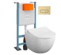 Pack WC suspendu VitrA Sento blanc mat + bâti autoportant V-Fix Core + Plaque Round or brossé
