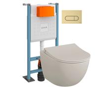 Pack WC suspendu VitrA Sento lin mat + bâti autoportant V-Fix Core + Plaque Round or brossé