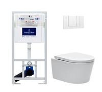 Pack WC Bâti-support Villeroy & Boch + WC sans bride SAT + Plaque blanche + Set d'isolation phonique