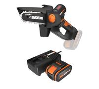 PACK WORX NITRO Élagueuse Mini Tronçonneuse sans Fil 20V WG325E.9 + Kit batterie 4Ah, chargeur, Brushless, Guide 12 cm, coupe 10 cm, pour élagage, taille, ébranchage, tronçonnage, capot de protection