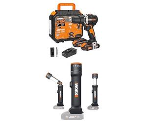 PACK WORX Perceuse visseuse sans fil 20V 60Nm WX102 + Lampe led 4 en 1 sans fil WX027.9, livrée avec 2 batteries 2Ah, chargeur rapide et accessoires