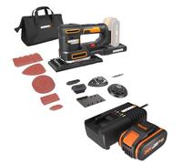 PACK WORX Ponceuse Multifonction sans Fil 20V WX820.9 + KIT Batt4Ah Chargeur, outil 5 en 1, Vitesse Variable, idéal pour le ponçage de finition, orbital et de détail, livré avec 5 Bases et 15 Abrasifs