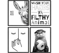 PACKLIST® Lot de 4 Affiches Salle de Bain Humour - 20,3x25,4 cm Sans Cadre - Décoration Murale WC Invités - Papier 250g - Âne Nice Ass Loutre Wash Your Hands Line Art Moderne Noir et Blanc Style