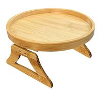 PACKOVE Plateau Latéral de Canapé Rond Pliable en Bois Beige, Table Accoudoir de Canapé, Gain de Place, Multifonction, pour Collations et Boissons