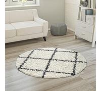 Paco Home Tapis À Poils Longs, Shaggy Doux Salon Style Scandinave avec Motif Losanges, Dimension:120 cm Rond, Couleur:Crème