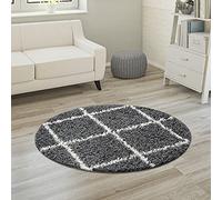 Paco Home Tapis À Poils Longs, Shaggy Doux Salon Style Scandinave avec Motif Losanges, Dimension:200 cm Rond, Couleur:Anthracite