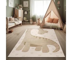 Paco Home Tapis Chambre d'enfant Effet Haute-Basse Structure Bou Motif Dino Couleurs Naturelles Soft-Touch Entretien Facile Beige Crème Charbon, Dimension:120x160 cm