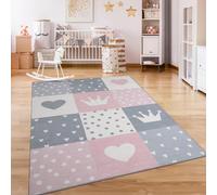 Paco Home Tapis Chambre Enfant Bebe Fille Garcon Antidérapant Arc-en-Ciel Coeur Pois, Dimension:120 cm Rond, Couleur: Crème Rose Gris