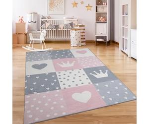 Paco Home Tapis Chambre Enfant Bebe Fille Garcon Antidérapant Arc-en-Ciel Coeur Pois, Dimension:120 cm Rond, Couleur: Crème Rose Gris