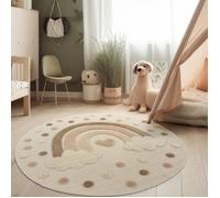Paco Home Tapis Chambre Enfant Bebe Fille Garcon Rond Moelleux 3D Moderne Pelucheux Crème Beige 120 cm rond