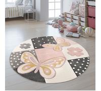 Paco Home Tapis Chambre Enfant Couleurs Pastel Papillon Motif Carreaux Pois Fleurs Coloré Multicolore 120 cm rond