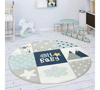 Paco Home Tapis Chambre Enfant Tapis De Jeux Tapis Bébé Losanges Étoiles Gris Bleu Blanc, Dimension:120 cm Rond