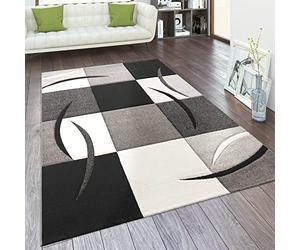 Paco Home Tapis De Salon en Diff. Coloris Et Tailles Motif Carreaux Rayures Design 3D Poils Ras, Dimension:200x290 cm, Couleur:Noir Blanc
