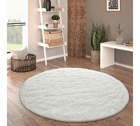 Paco Home Tapis De Salon Poil Long Rond Salon Tapis Shaggy Moderne Poil Long Fausse Fourrure Moelleux Monochrome, Dimension:120 cm Rond, Couleur:Blanc