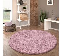 Paco Home Tapis De Salon Poil Long Rond Salon Tapis Shaggy Moderne Poil Long Fausse Fourrure Moelleux Monochrome, Dimension:200 cm Rond, Couleur:Vieux-Rose