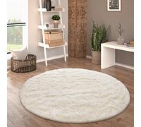 Paco Home Tapis De Salon Poil Long Rond Salon Tapis Shaggy Moderne Poil Long Fausse Fourrure Moelleux Monochrome, Dimension:120 cm Rond, Couleur:Ivoire (Crème)