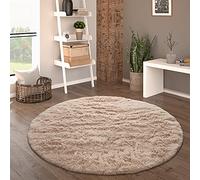 Paco Home Tapis De Salon Poils Longs Fausse Fourrure Shaggy Moelleux Monochrome, Dimension:160 cm Rond, Couleur:Beige