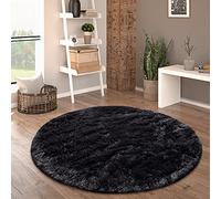 Paco Home Tapis De Salon Poils Longs Fausse Fourrure Shaggy Moelleux Monochrome, Dimension:80 cm Rond, Couleur:Noir