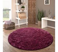Paco Home Tapis De Salon Poils Longs Fausse Fourrure Shaggy Moelleux Monochrome, Dimension:80 cm Rond, Couleur:Pourpre
